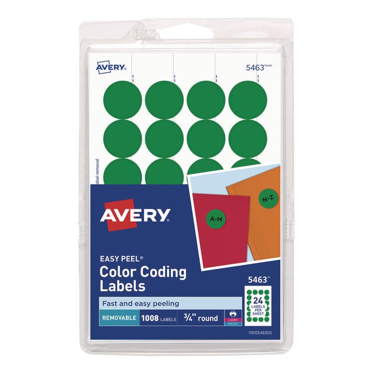 AVERY PRODUCTS CORPORATION Printable Self-Adhesive Removable Color-Coding Labels, 0.75" dia, Green, 24/Sheet, 42 Sheets/Pack, (5463) (AVE05463)