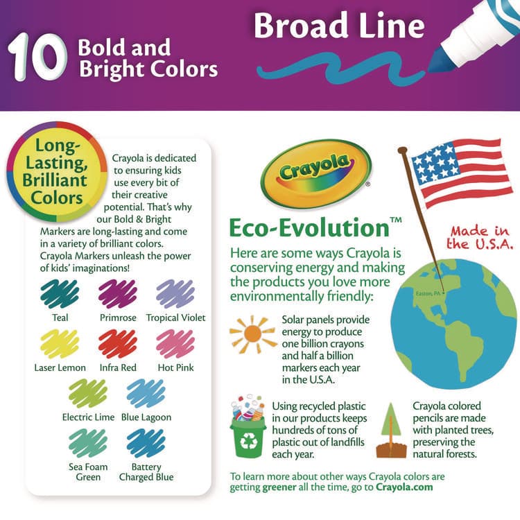 BINNEY & SMITH / CRAYOLA Non-Washable Marker, Broad Bullet Tip, Assorted Tropical Colors, 10/Pack (CYO587725) thumbnail 3