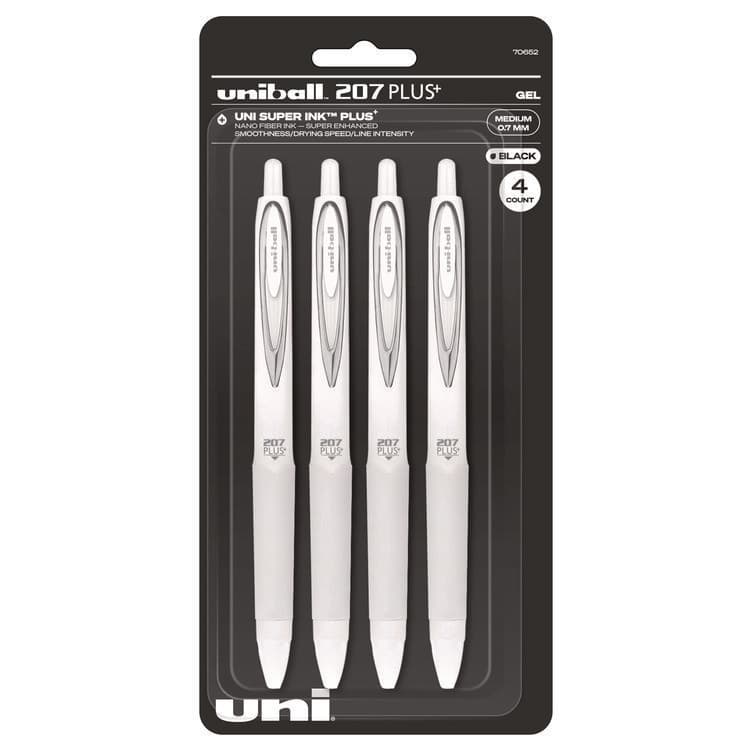 UNI 207 Plus+ Gel Pen, Retractable, Medium 0.7 mm, Black Ink, White Barrel, 4/Pack (UBC70652)