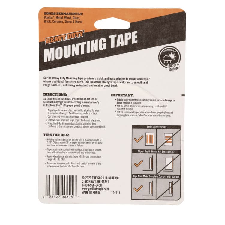 GORILLA GLUE COMPANY Heavy Duty Mounting Tape, Permanent, Holds Up to 1 lb/2 sq in, 1" x 120", Black (GOR102441) thumbnail 2