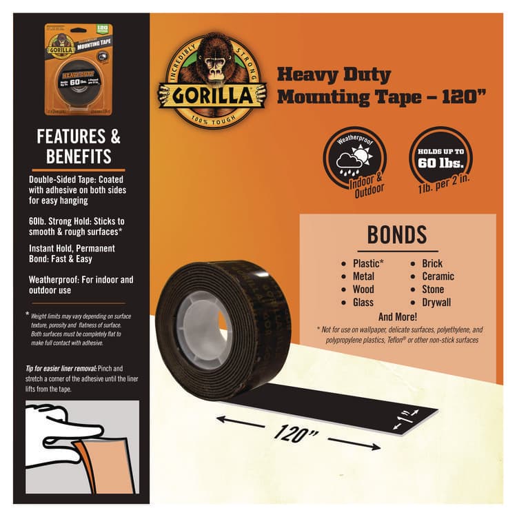 GORILLA GLUE COMPANY Heavy Duty Mounting Tape, Permanent, Holds Up to 1 lb/2 sq in, 1" x 120", Black (GOR102441) thumbnail 4