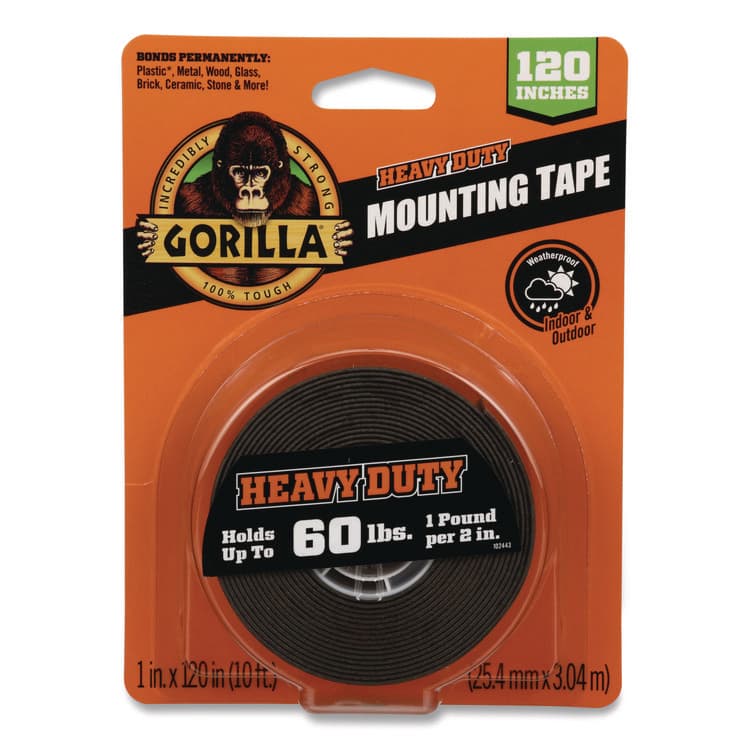 GORILLA GLUE COMPANY Heavy Duty Mounting Tape, Permanent, Holds Up to 1 lb/2 sq in, 1" x 120", Black (GOR102441)
