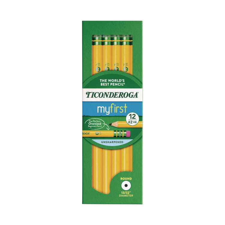 DIXON TICONDEROGA CO. Ticonderoga Beginners Woodcase Pencil with Eraser and Microban, HB (#2), Black Lead, Yellow Barrel, 12/Pack (DIX133080002)