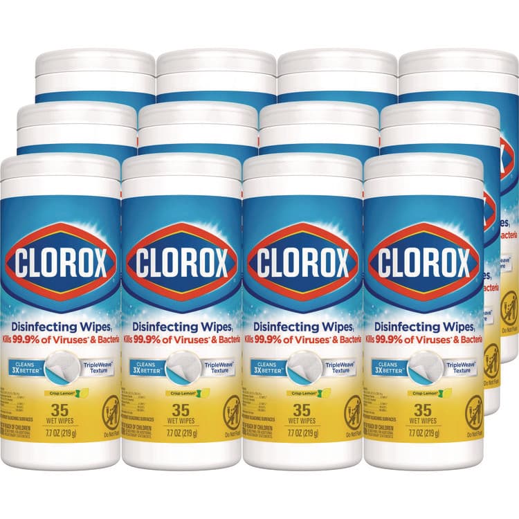CLOROX SALES CO. Disinfecting Wipes, Bleach Free Cleaning Wipes, 1-Ply, 7 x 8, Crisp Lemon, White, 35/Canister, 12 Canisters/Carton (CLO01594CT)