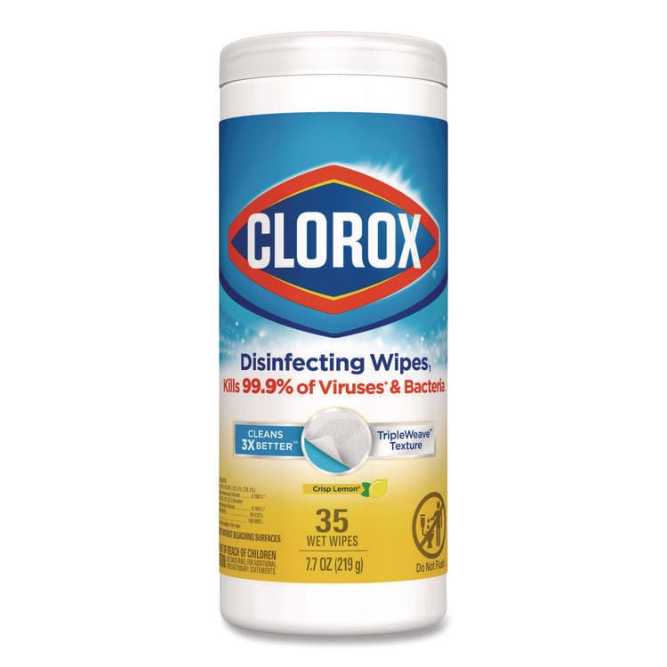 CLOROX SALES CO. Disinfecting Wipes, Bleach Free Cleaning Wipes, 1-Ply, 7 x 8, Crisp Lemon, White, 35/Canister (CLO01594EA)