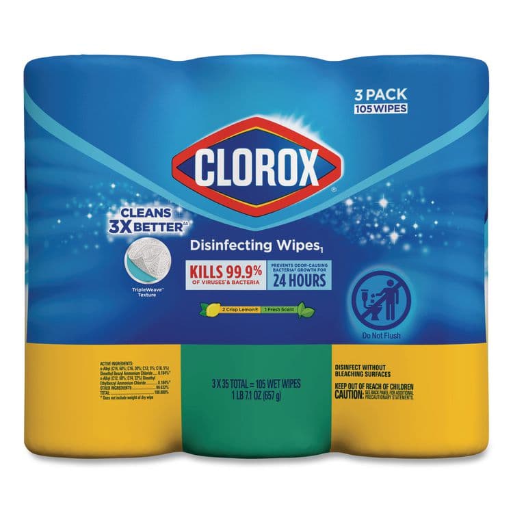 CLOROX SALES CO. Disinfecting Wipes, 1-Ply, 7 x 8, (1) Fresh Scent/(2) Crisp Lemon, White, 35/Canister, 3 Canisters/Pack (CLO30112) thumbnail 2