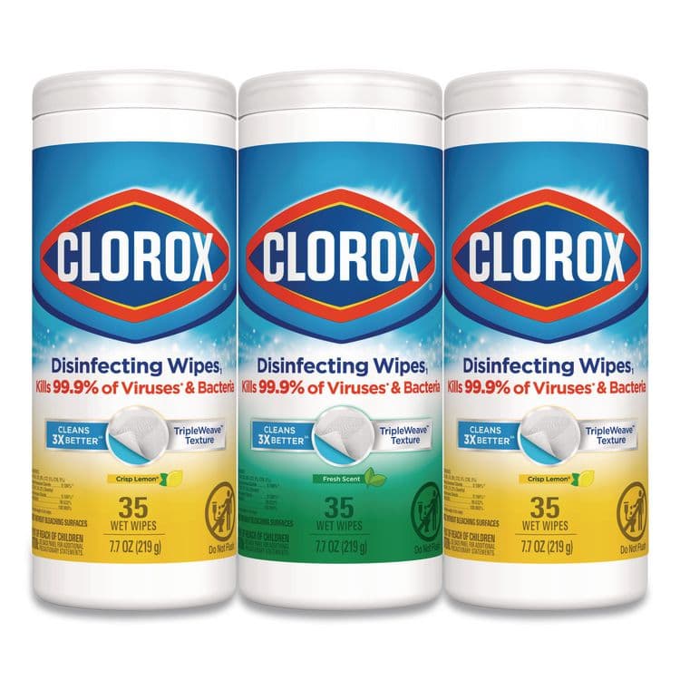 CLOROX SALES CO. Disinfecting Wipes, 1-Ply, 7 x 8, (1) Fresh Scent/(2) Crisp Lemon, White, 35/Canister, 3 Canisters/Pack (CLO30112)
