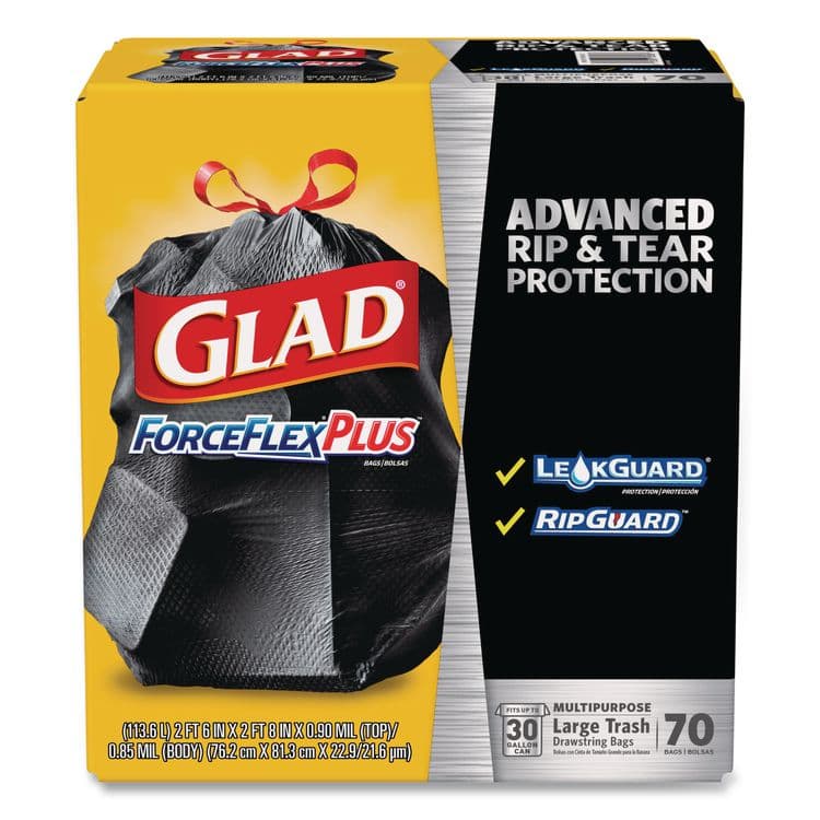 CLOROX SALES CO. ForceFlexPlus Drawstring Large Trash Bags, 30 gal, 1.05 mil, 30" x 32", Black, 70/Box (CLO70358)