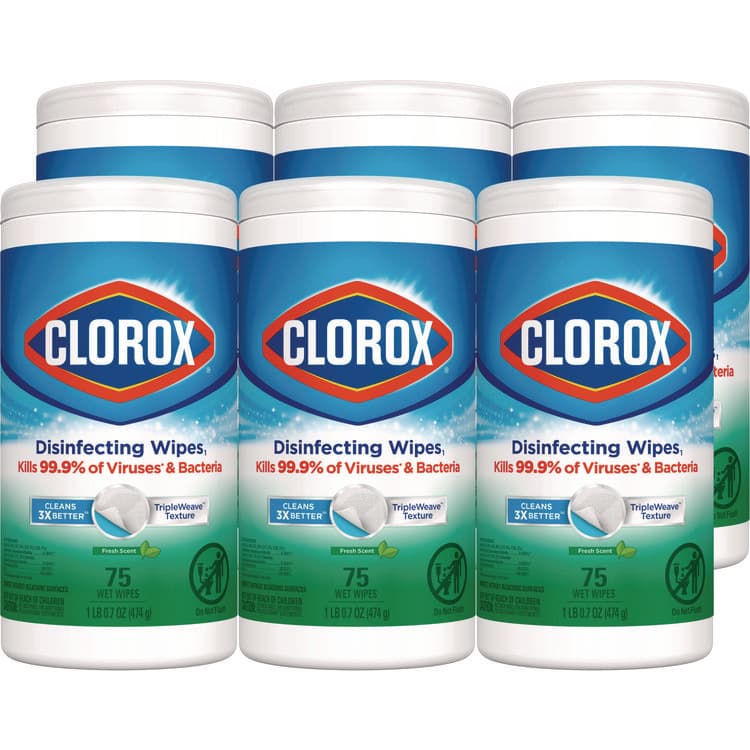 CLOROX SALES CO. Disinfecting Wipes, Bleach Free Cleaning Wipes, 1-Ply, 7 x 8, Fresh Scent, White, 75/Canister, 6 Canisters/Carton (CLO01656)