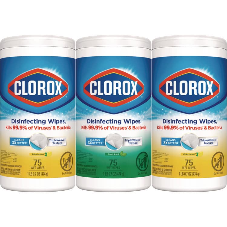 CLOROX SALES CO. Disinfecting Wipes, Value Pack, Bleach Free Cleaning Wipes, 1-Ply, 7x8, Fresh Scent/Citrus Blend, White, 75/Canister, 3/Pack (CLO30208PK)