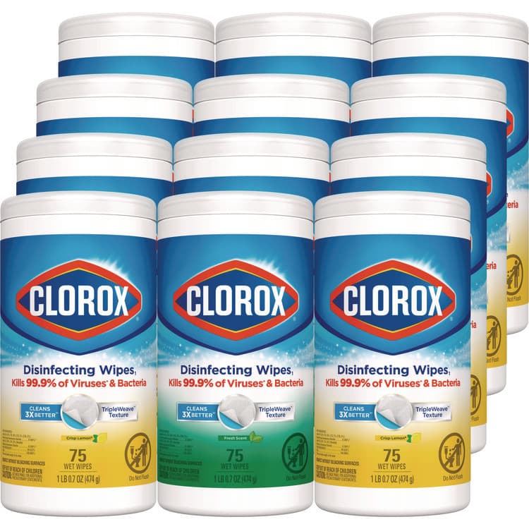 CLOROX SALES CO. Disinfecting Wipes, Bleach Free Cleaning Wipes, 1-Ply, 7 x 8, Fresh Scent/Citrus Blend, White, 75/Canister, 3/Pack, 4/Carton (CLO30208)