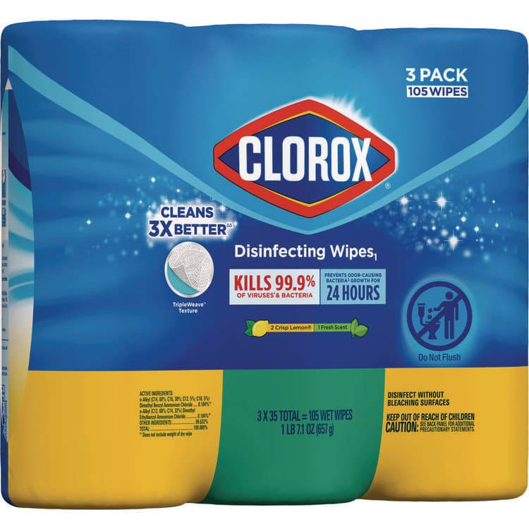 CLOROX SALES CO. Disinfecting Wipes, 1-Ply, 7 x 8, (1) Fresh Scent/(2) Crisp Lemon, White, 35/Canister, 3 Canisters/Pack (CLO30112) thumbnail 3