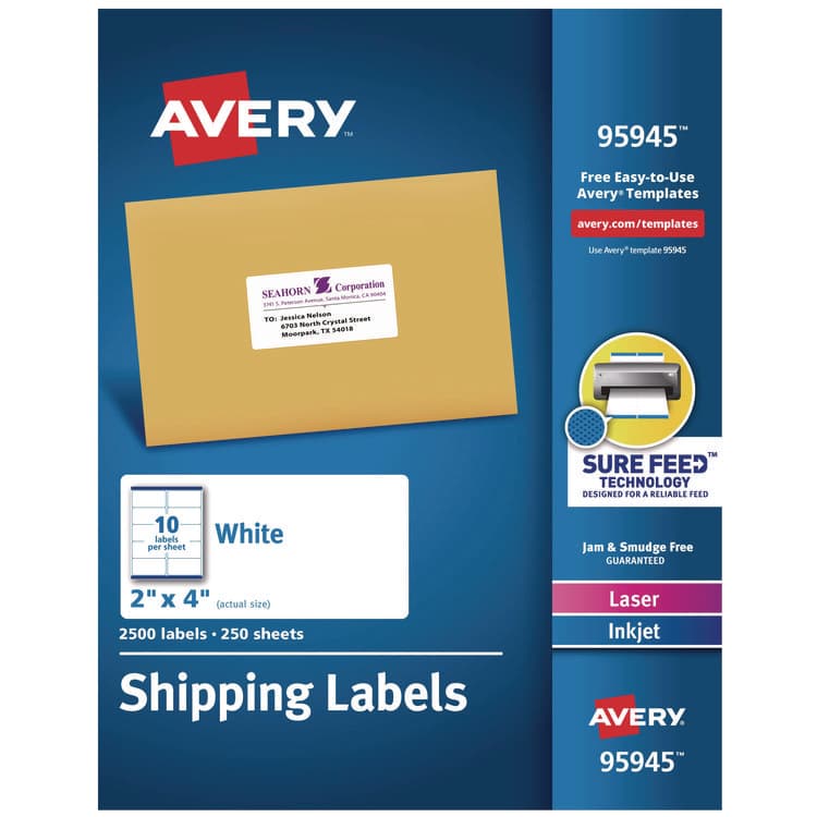 AVERY PRODUCTS CORPORATION White Shipping Labels-Bulk Packs, Inkjet/Laser Printers, 2 x 4, White, 10/Sheet, 250 Sheets/Box (AVE95945)