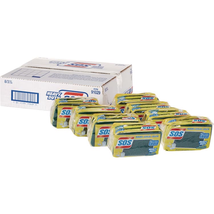 CLOROX SALES CO. Heavy Duty Scrubber Sponge, 2.5 x 4.5, 0.9" Thick, Yellow/Green, 3/Pack, 8 Packs/Carton (CLO91029CT)