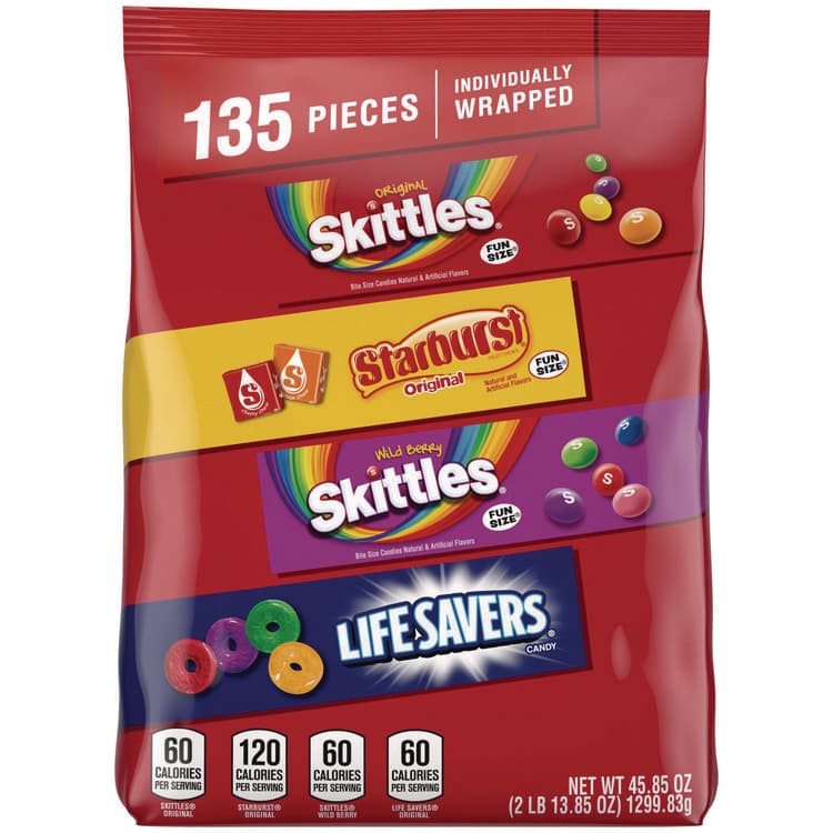 MARS, . Skittles, Starburst and Life Savers Fun Size Fruity Candy Assortment, 45.85 oz Bag, 135 Pieces, Individually Wrapped (SKT29689)