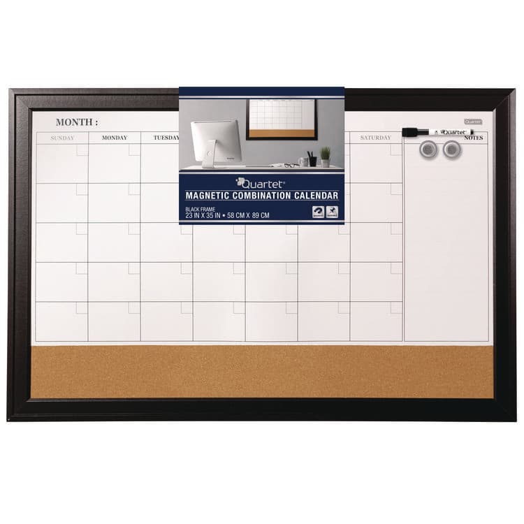 QUARTET MFG. Magnetic Combination Board Calendar, Monthly Planning/Scheduling, 35" x 23", Tan/White Surface, Black Wood Frame (QRT79284)