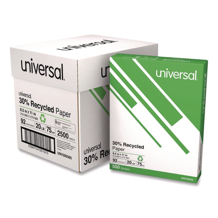 UNIVERSAL OFFICE PRODUCTS 30% Recycled Copy Paper, 92 Bright, 20 lb Bond Weight, 8.5 x 11, White, 500 Sheets/Ream, 5 Reams/Carton (UNV200305)
