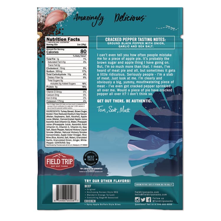 FIELD TRIP SNACKS Turkey Jerky, Cracked Pepper Turkey, 1 oz Bag, 12 Bags/Carton (FLTFLD00508) thumbnail 3