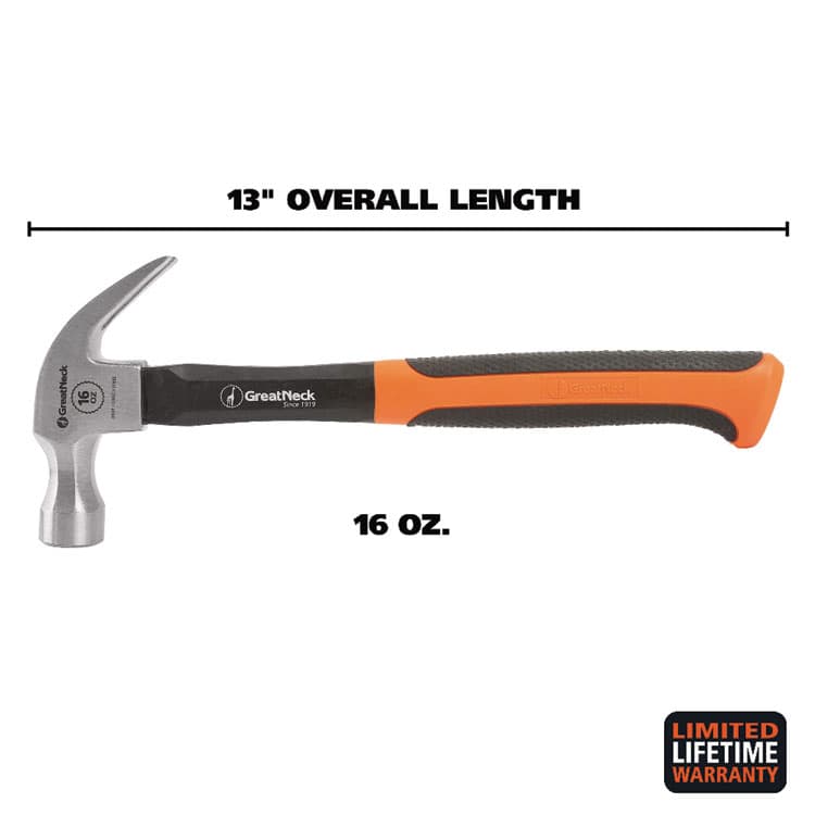 GREAT NECK SAW MFG. 16 oz Claw Hammer with High-Visibility Orange Fiberglass Handle (GNSHG16C) thumbnail 2
