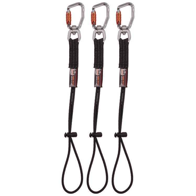 TENACIOUS HOLDINGS, . Squids 3714 Elastic Tool Tail Lanyard w/Carabiner and Cinch Loop, 10 lb Max Working Capacity, 15" Long, Black, 3/Pack (EGO19766)