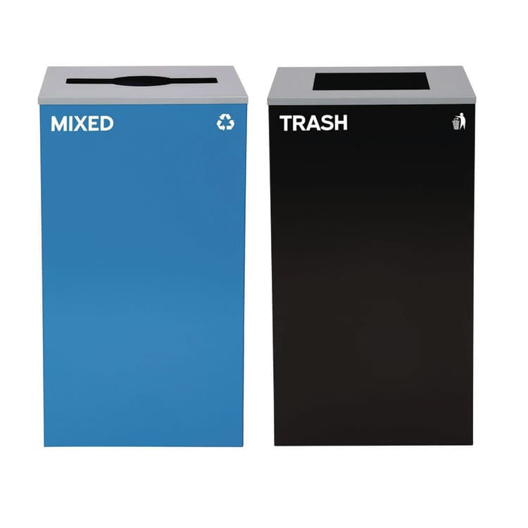 ALPINE INDUSTRIES 29 Gallon Trash/Recycling Cans, Steel, Blue Mixed Recycling with Mixed Lid, Black Trash Can with Square Lid (ALH4450BLKKIT3)