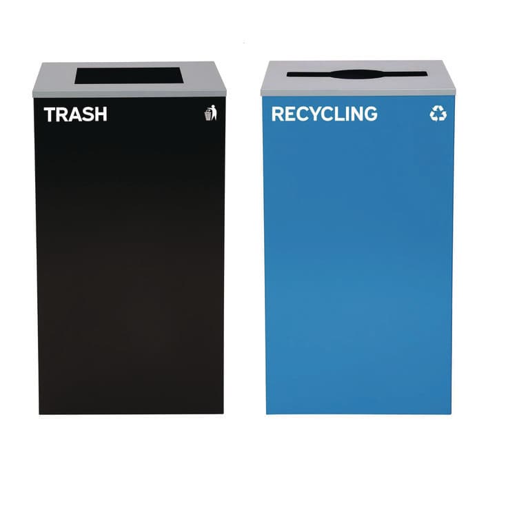 ALPINE INDUSTRIES 29 Gallon Trash/Recycling Cans, Steel, Blue Recycling with Mixed Lid, Black Trash Can with Square Lid (ALH4450BLKKIT4)