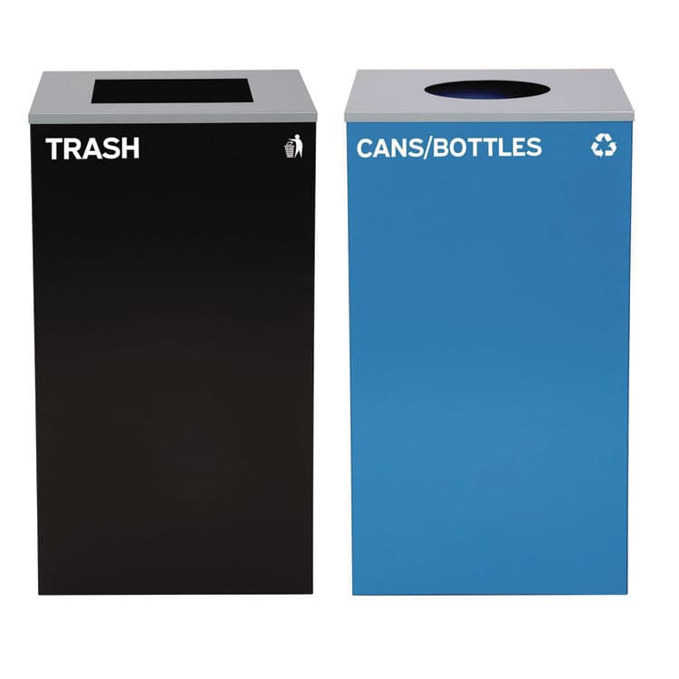 ALPINE INDUSTRIES 29 Gallon Trash/Recycling Cans, Steel, Blue Cans/Bottles Recycling with Circle Lid, Black Trash Can with Square Lid (ALH4450BLKKIT7)