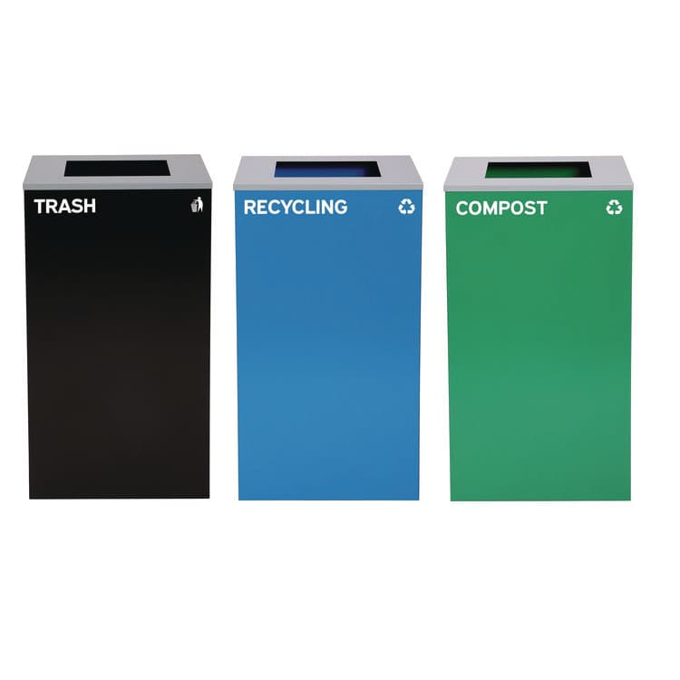 ALPINE INDUSTRIES 29 Gallon Trash/Recycling Cans, Steel, Blue Recycling Can, Green Compost Can, Black Trash Can with Square Lids (ALH4450BLKKIT14)