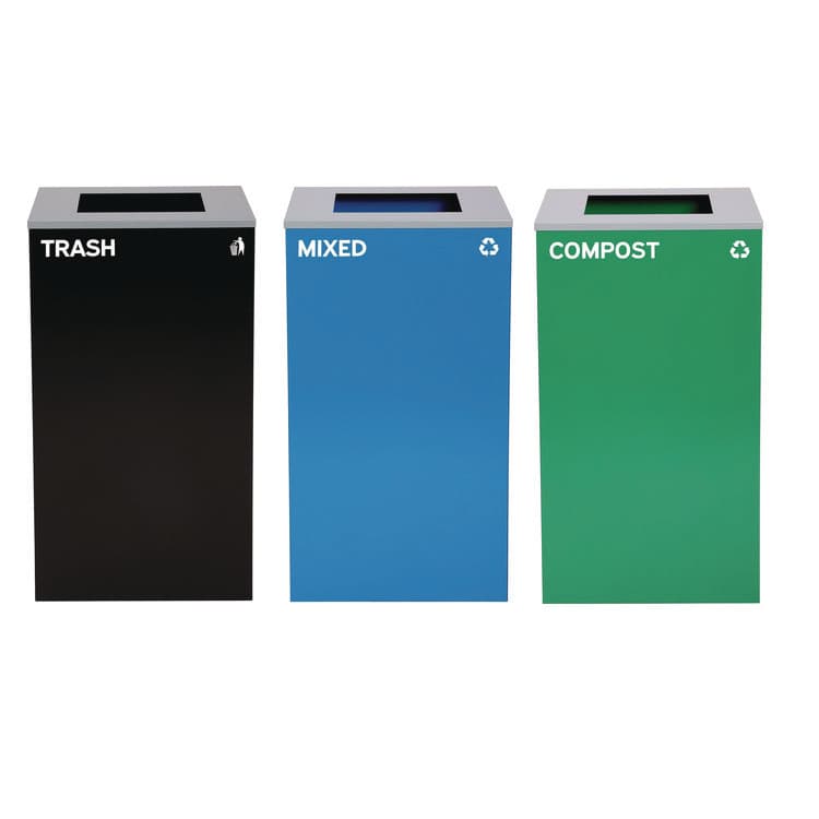 ALPINE INDUSTRIES 29 Gallon Trash/Recycling Cans, Steel, Blue Mixed Recycling Can, Green Compost Can, Black Trash Can with Square Lids (ALH4450BLKKIT15)