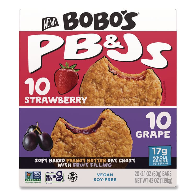 BOBO'S PB and J Variety Pack, Peanut Butter/Grape and Peanut Butter/Strawberry, 2.1 oz Bar, 12/Box (BBO00478)