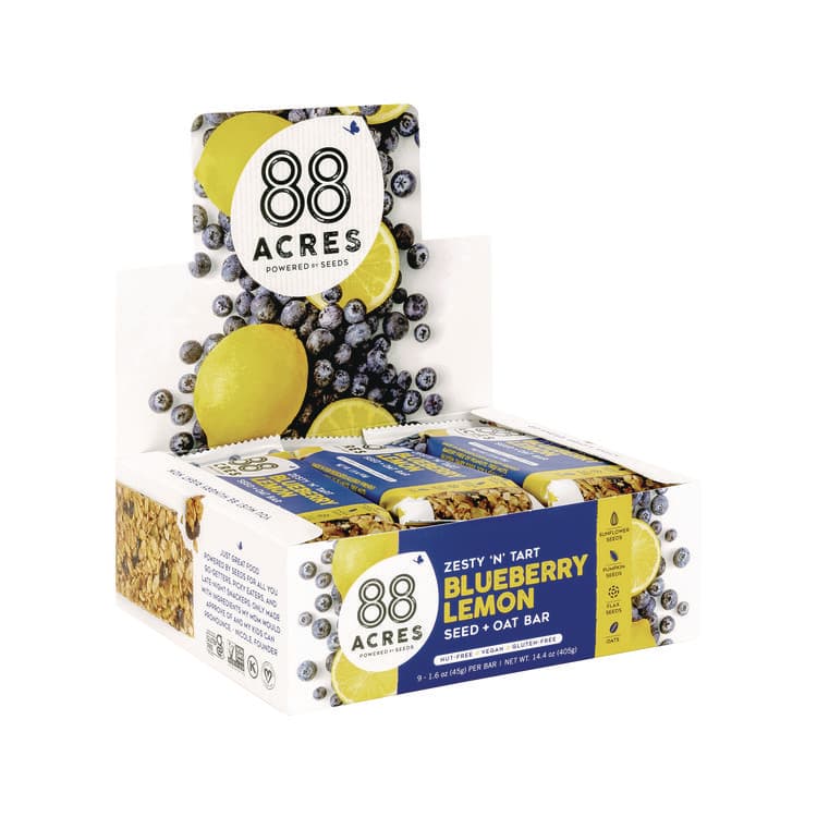88 ACRES Warm 'N Chewey Gluten-Free Blueberry/Lemon Seed and Oat Bar, 1.6 oz Bar, 9/Box (AABACY00592)