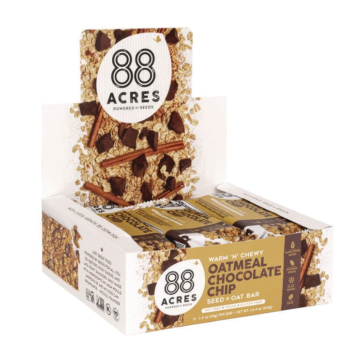 88 ACRES Warm 'N Chewy Gluten-Free Oatmeal/Chocolate Chip Seed and Oat Bar, 1.6 oz Bar, 9/Box (AABACY11049)