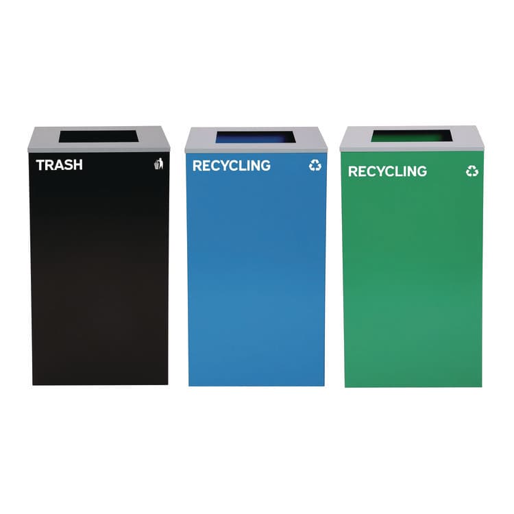 ALPINE INDUSTRIES 29 Gallon Trash/Recycling Cans, Steel, Blue Recycling Can, Green Recycling Can, Black Trash Can with Square Lids (ALH4450BLKKIT17)