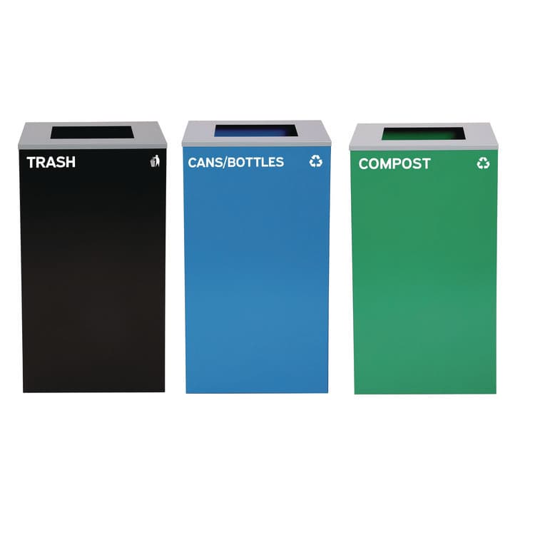 ALPINE INDUSTRIES 29 Gallon Trash/Recycling Cans, Steel, Blue Cans/Bottles Recycling Can, Green Compost Can, Black Trash Can with Square Lids (ALH4450BLKKIT16)