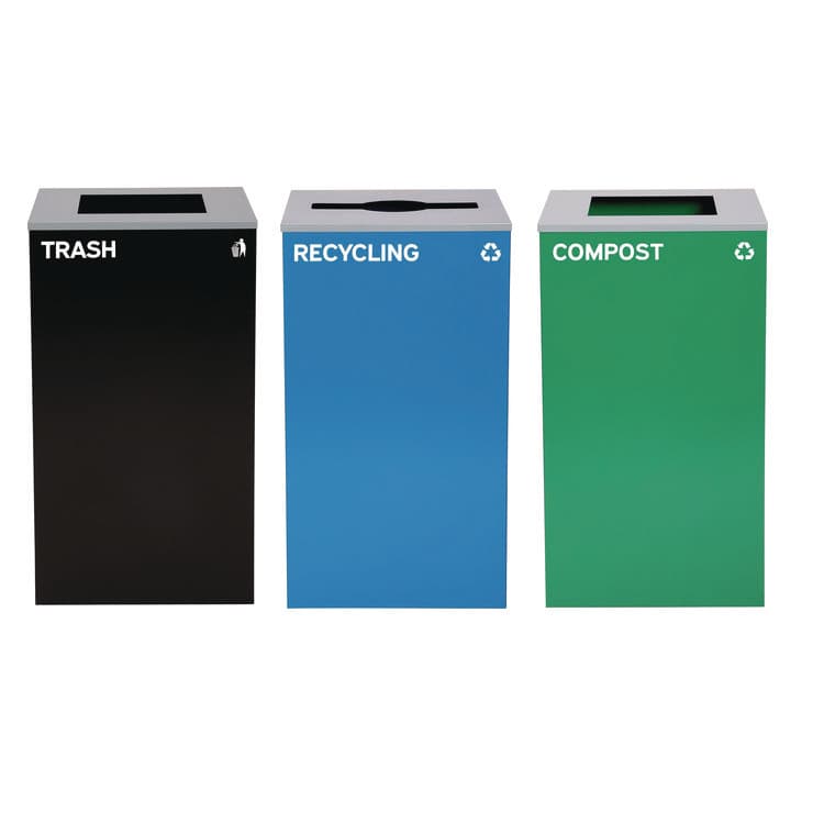 ALPINE INDUSTRIES 29 Gallon Trash/Recycling Cans, Steel, Blue Recycling Can/Mixed Lid, Green Compost Can and Black Trash Can with Square Lids (ALH4450BLKKIT18)
