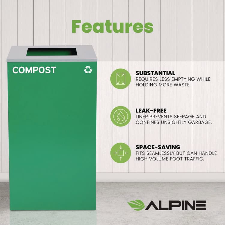 ALPINE INDUSTRIES 29 Gallon Trash/Recycling Cans, Steel, Green Compost Can with Square Lid (ALH4450KITGRNSC) thumbnail 3