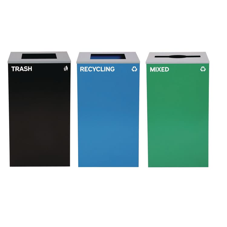 ALPINE INDUSTRIES 29 Gallon Trash/Recycling Cans, Steel, Blue Recycling and Black Trash Cans w/Square Lid, Green Mixed Recycling Can Mixed Lid (ALH4450BLKKIT22)