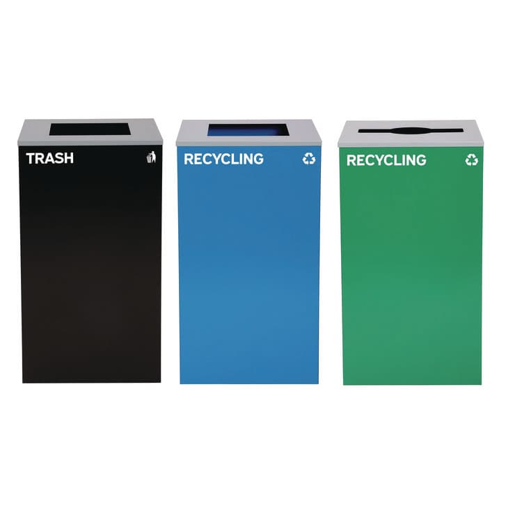 ALPINE INDUSTRIES 29 Gallon Trash/Recycling Cans, Steel, Blue Recycling Can and Black Trash Can w/Sq Lid, Green Recycling Can with Mixed Lid (ALH4450BLKKIT21)