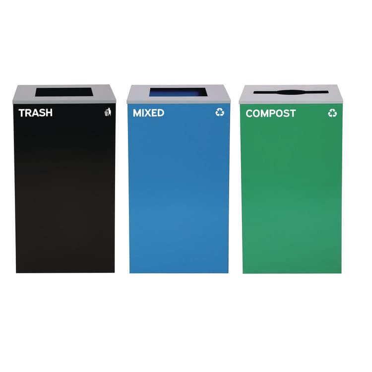 ALPINE INDUSTRIES 29 Gallon Trash/Recycling Cans, Steel, Blue Mixed Recycling and Black Trash Cans w/Square Lids, Green Compost Can w/Mixed Lid (ALH4450BLKKIT24)