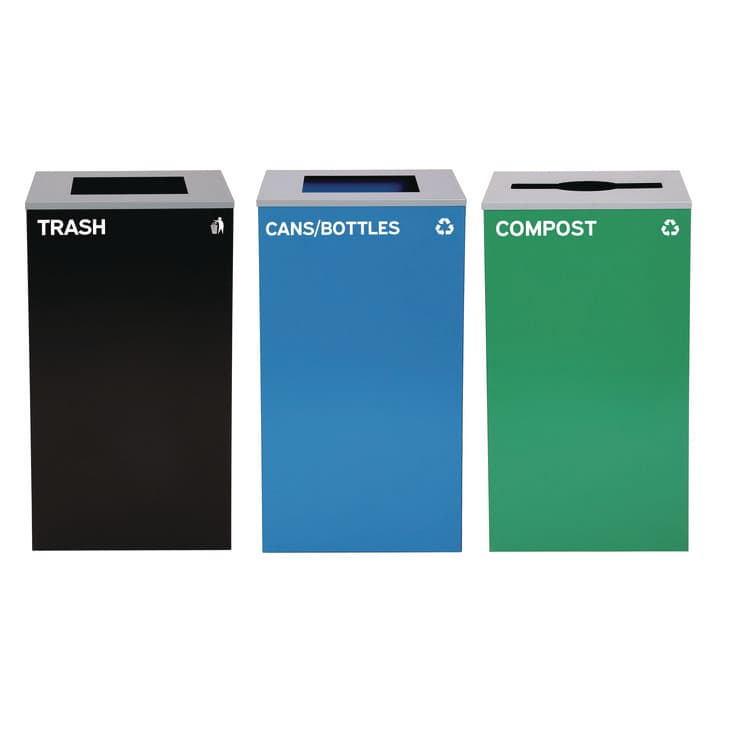 ALPINE INDUSTRIES 29 Gallon Trash/Recycling Cans, Steel, Blue Cans/Bottles Recycling and Black Trash Can w/Sq Lid, Green Compost Can Mixed Lid (ALH4450BLKKIT25)