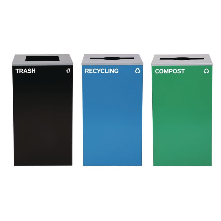 ALPINE INDUSTRIES 29 Gallon Trash/Recycling Cans, Steel, Blue Recycling Can and Green Compost Can w/Mixed Lids, Black Trash Can with Square Lid (ALH4450BLKKIT27)
