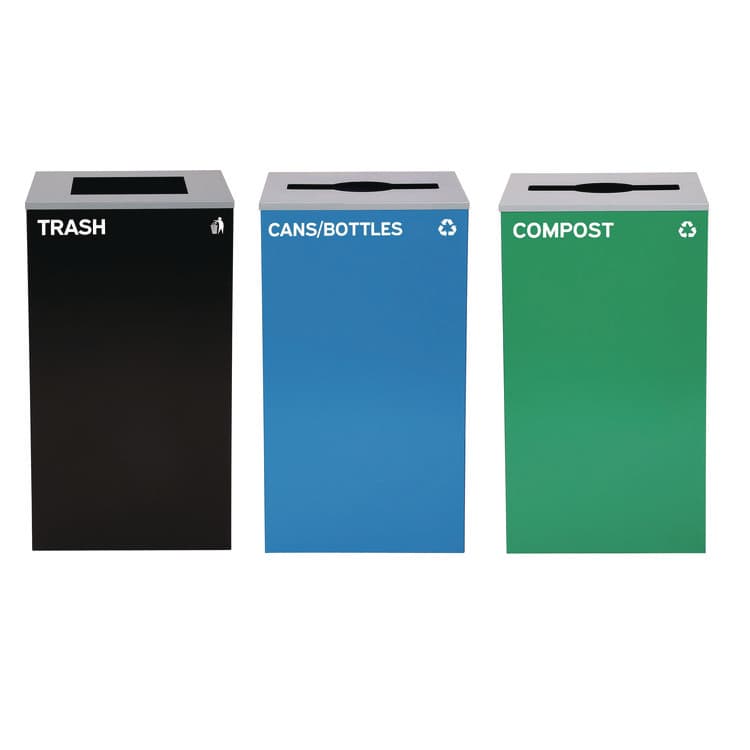 ALPINE INDUSTRIES 29 Gallon Trash/Recycling Cans, Steel, Blue Cans/Bottles Recycling and Green Compost Can w/Mixed Lid, Black Trash Can Sq Lid (ALH4450BLKKIT29)