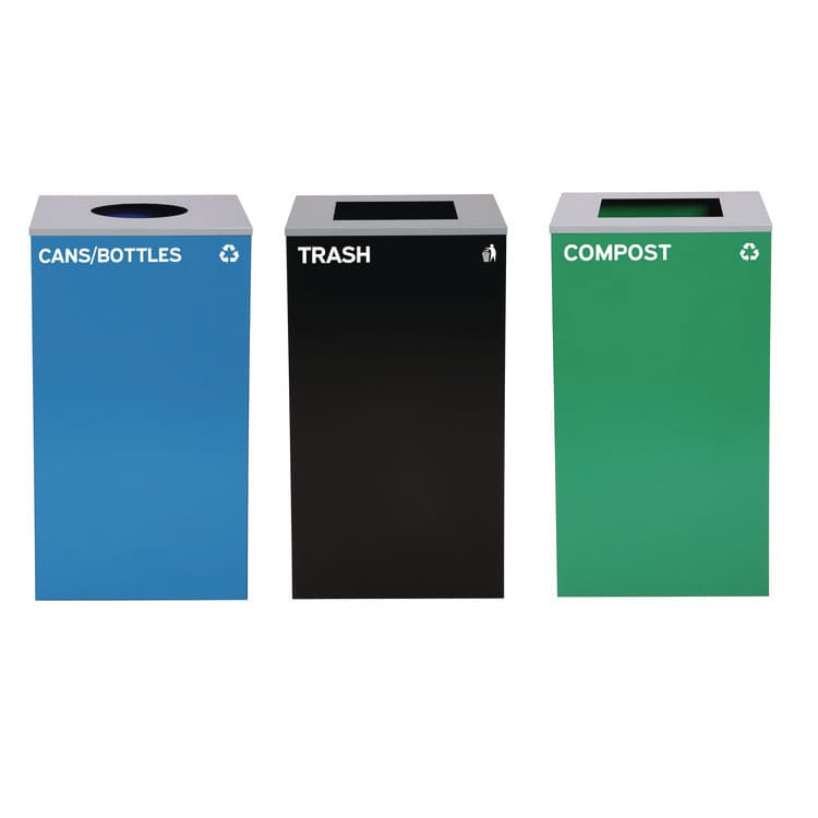 ALPINE INDUSTRIES 29 Gallon Trash/Recycling Cans, Steel, Blue Cans/Bottles with Circle Lid, Green Compost and Black Trash Cans with Square Lids (ALH4450BLKKIT34)