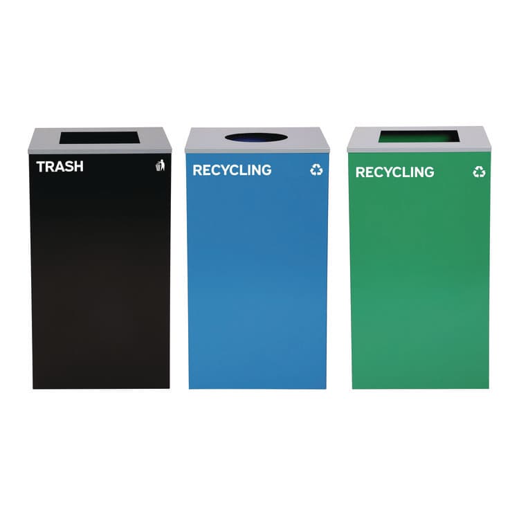 ALPINE INDUSTRIES 29 Gallon Trash/Recycling Cans, Steel, Blue Recycling Can w/Circle Lid, Green Recycling Can and Black Trash Can w/Square Lids (ALH4450BLKKIT35)