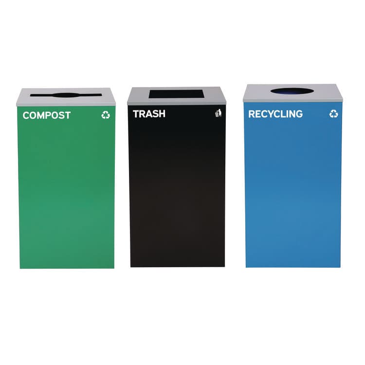 ALPINE INDUSTRIES 29 Gallon Trash/Recycling Cans, Steel, Blue Recycling Can w/Circle Lid, Green Compost w/Mixed Lid, Black Trash w/Square Lid (ALH4450BLKKIT36)