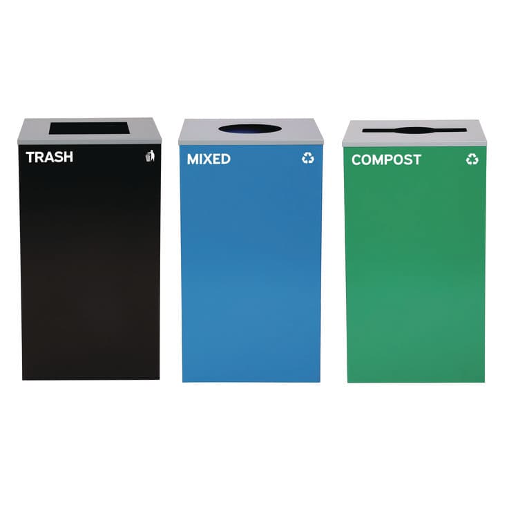 ALPINE INDUSTRIES 29 Gallon Trash/Recycling Cans, Steel, Blue Mixed Recycling w/Circle Lid, Green Compost w/Mixed Lid, Black Trash w/Square Lid (ALH4450BLKKIT37)