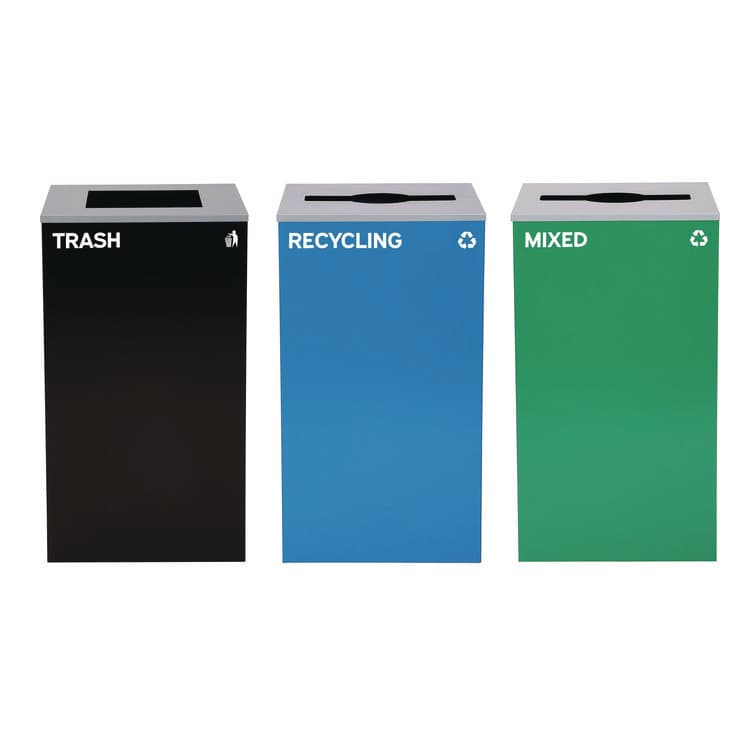 ALPINE INDUSTRIES 29 Gallon Trash/Recycling Cans, Steel, Blue Recycling and Green Mixed Recycling Can w/Mixed Lids, Black Trash Can w/Sq Lid (ALH4450BLKKIT31)