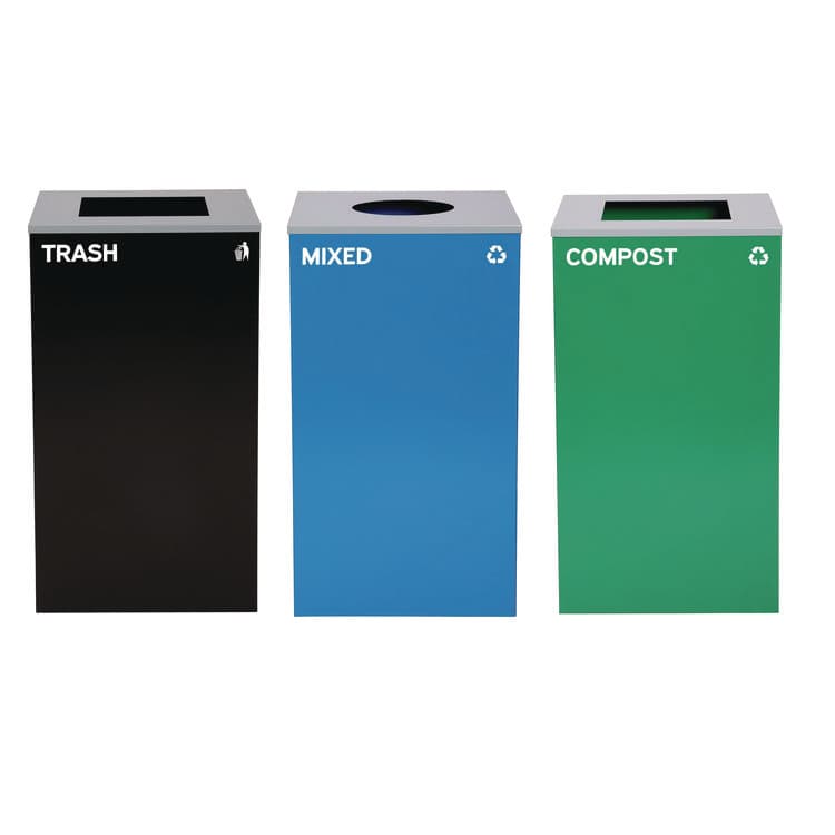 ALPINE INDUSTRIES 29 Gallon Trash/Recycling Cans, Steel, Blue Mixed Recycling Can w/Circle Lid, Green Compost and Black Trash Cans w/Sq Lids (ALH4450BLKKIT33)