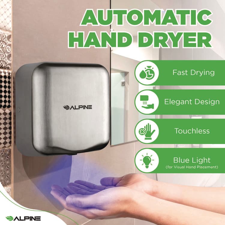ALPINE INDUSTRIES Hemlock Commercial 220V Automatic Hand Dryer, 6.68 x 11.41 x 12.31, Silver (ALHALP40020SSB) thumbnail 3