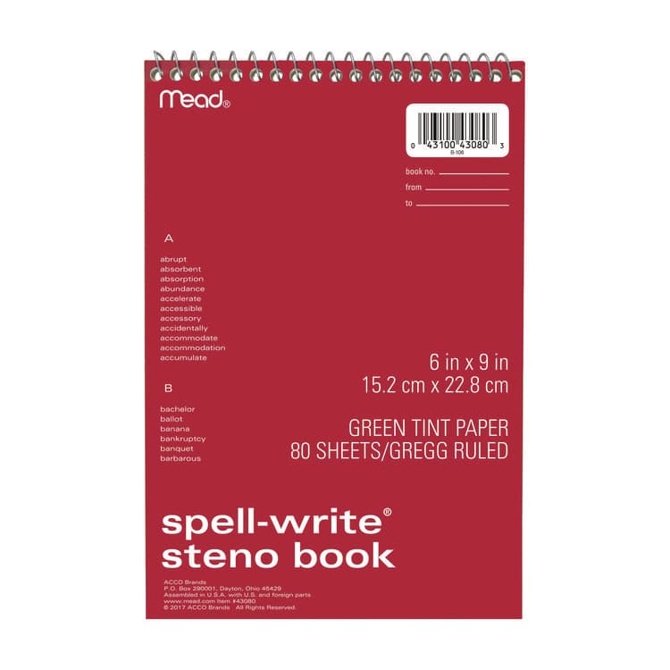 MEAD PRODUCTS Spell-Write Wirebound Steno Pad, Randomly Assorted Cover Colors, Gregg Rule, (80) Green 6 x 9 Sheets (MEA43080) thumbnail 3
